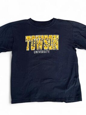 Towson University Black T-Shirt with Yellow Polka Dot Spellout Graphic